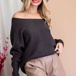 Cozy Off Shoulder Knit Sweater - Charcoal, S/M, M/L